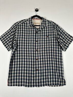 Tommy Bahama Silk Short Sleeve Button Down Shirt Blue Plaid Relaxed Fit Size L